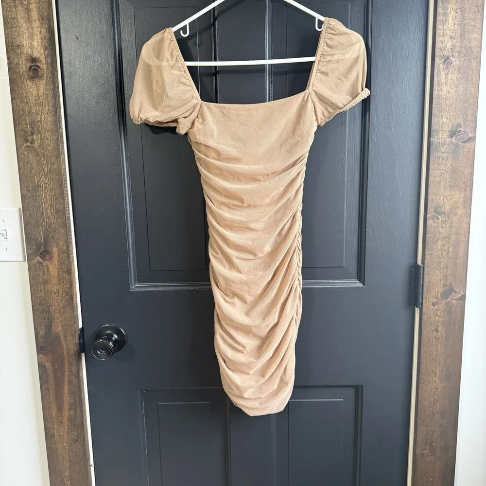 Princess Polly Nude tan Charvi Cap Sleeve Ruched Minidress Size 0 - Picture 3 of 10